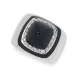 A VINTAGE ONYX AND DIAMOND RING in 18ct white gold, of pyramid shaped bombe design, set with