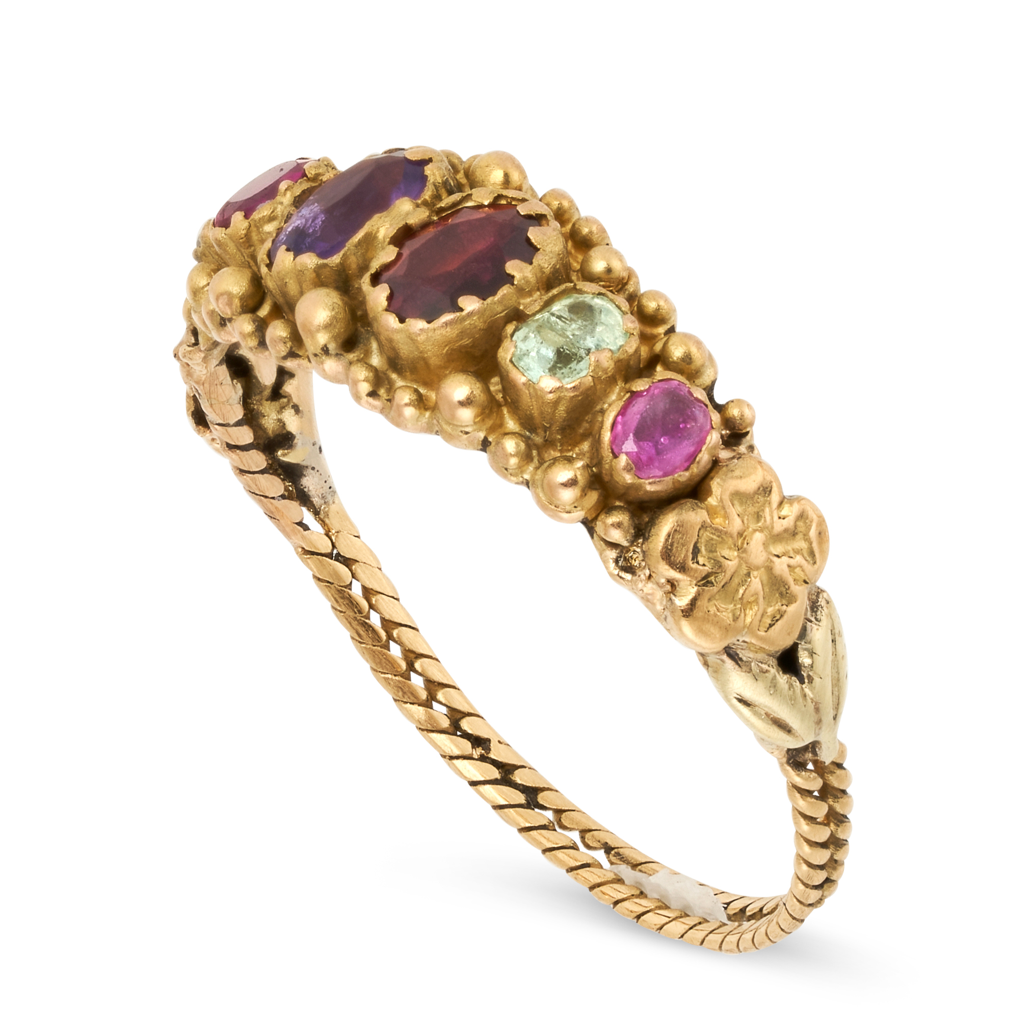 AN ANTIQUE GEMSET REGARD RING, 19TH CENTURY in yellow gold, the face set with a row of six oval cut, - Image 2 of 2