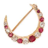 AN ANTIQUE BURMA NO HEAT SPINEL, RUBY AND DIAMOND CRESCENT MOON BROOCH, 19TH CENTURY in yellow gold,