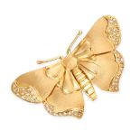 A DIAMOND BUTTERFLY BROOCH in 18ct yellow gold, designed as a butterfly, with textured body and