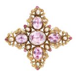 AN ANTIQUE PINK TOPAZ, PEARL AND RUBY BROOCH, 19TH CENTURY in yellow gold, designed as a cross,