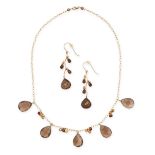 A SMOKY QUARTZ, PEARL, GARNET AND CITRINE NECKLACE AND EARRINGS SUITE in 14ct yellow gold,