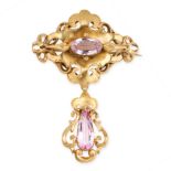 AN ANTIQUE PINK TOPAZ BROOCH, BIRKS in 10ct yellow gold, the stylised body of openwork design with