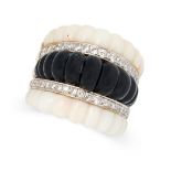 A VINTAGE CORAL, ONYX AND DIAMOND RING in 14ct yellow gold, set with carved pieces of black onyx and