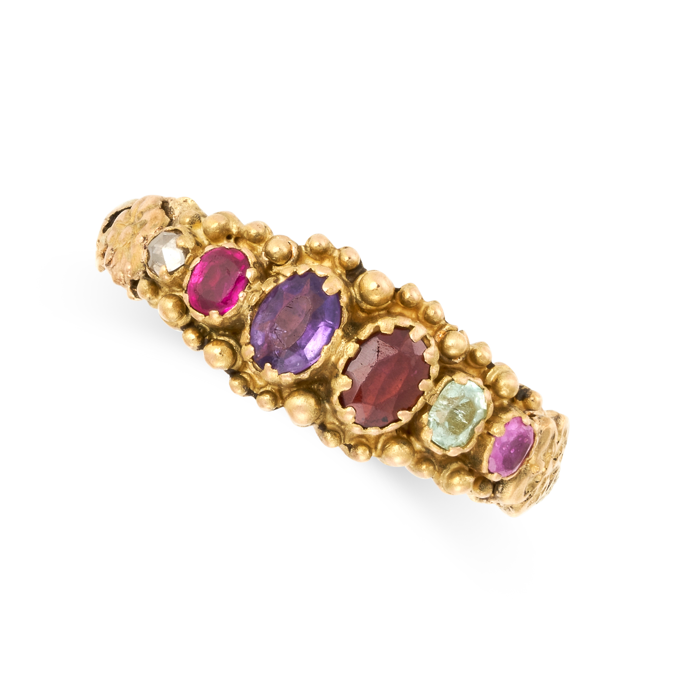AN ANTIQUE GEMSET REGARD RING, 19TH CENTURY in yellow gold, the face set with a row of six oval cut,