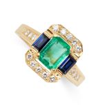 AN EMERALD, SAPPHIRE AND DIAMOND RING in 18ct yellow gold, set with an emerald cut emerald of 1.00
