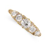 AN ANTIQUE DIAMOND DRESS RING in 18ct yellow gold, set with five graduated old cut diamonds accented