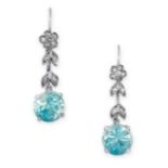 A PAIR OF BLUE ZIRCON AND DIAMOND DROP EARRINGS each set with a round cut blue zircon, suspended