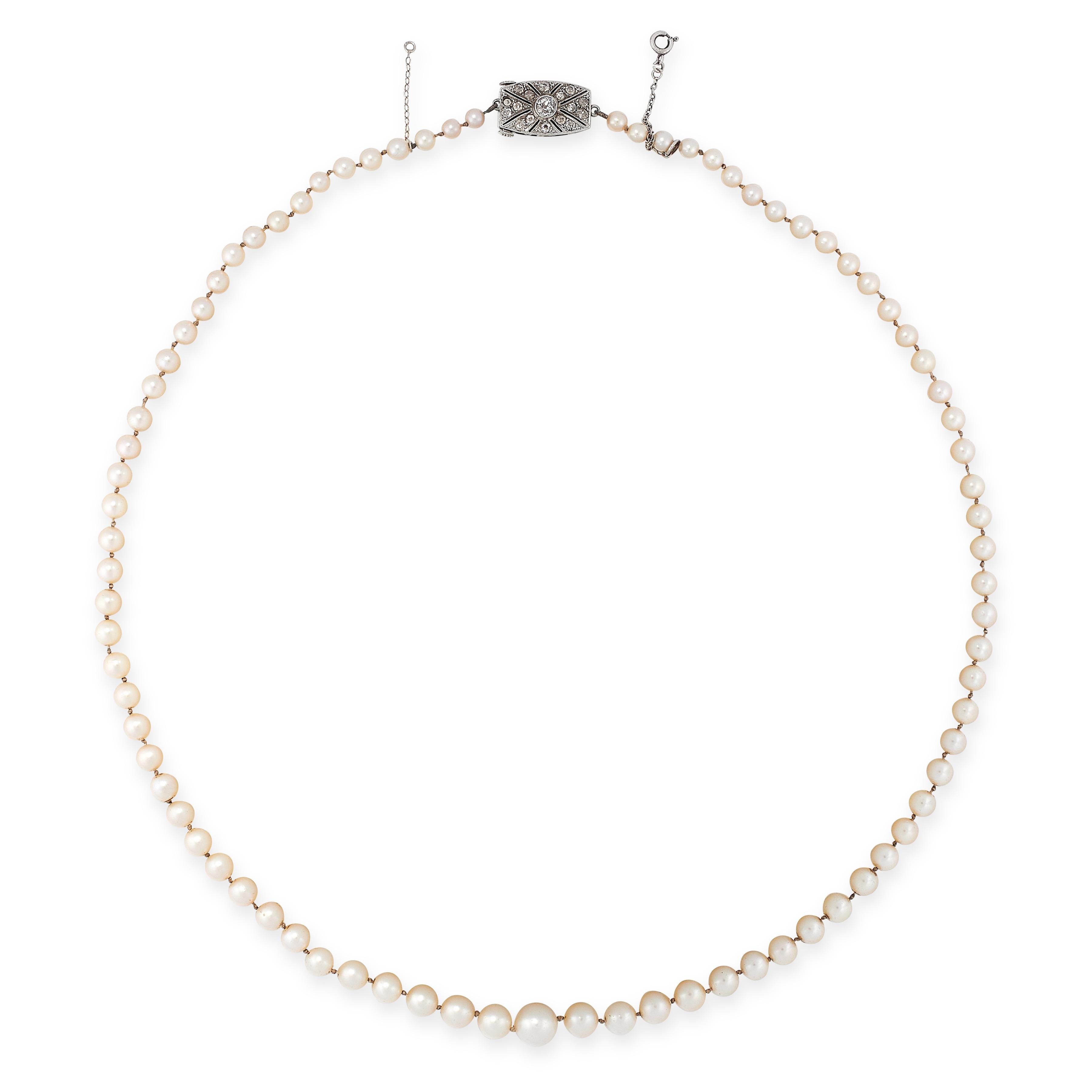 A PEARL AND DIAMOND NECKLACE comprising a single row of pearls ranging from 4.2mm-8.8mm, with