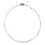 A PEARL AND DIAMOND NECKLACE comprising a single row of pearls ranging from 4.2mm-8.8mm, with