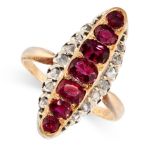 AN ANTIQUE RUBY AND DIAMOND DRESS RING in 18ct yellow gold and silver, set with a row of seven