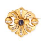 AN ANTIQUE SAPPHIRE AND DIAMOND BROOCH, CIRCA 1900 in yellow gold, set with an oval cabochon blue