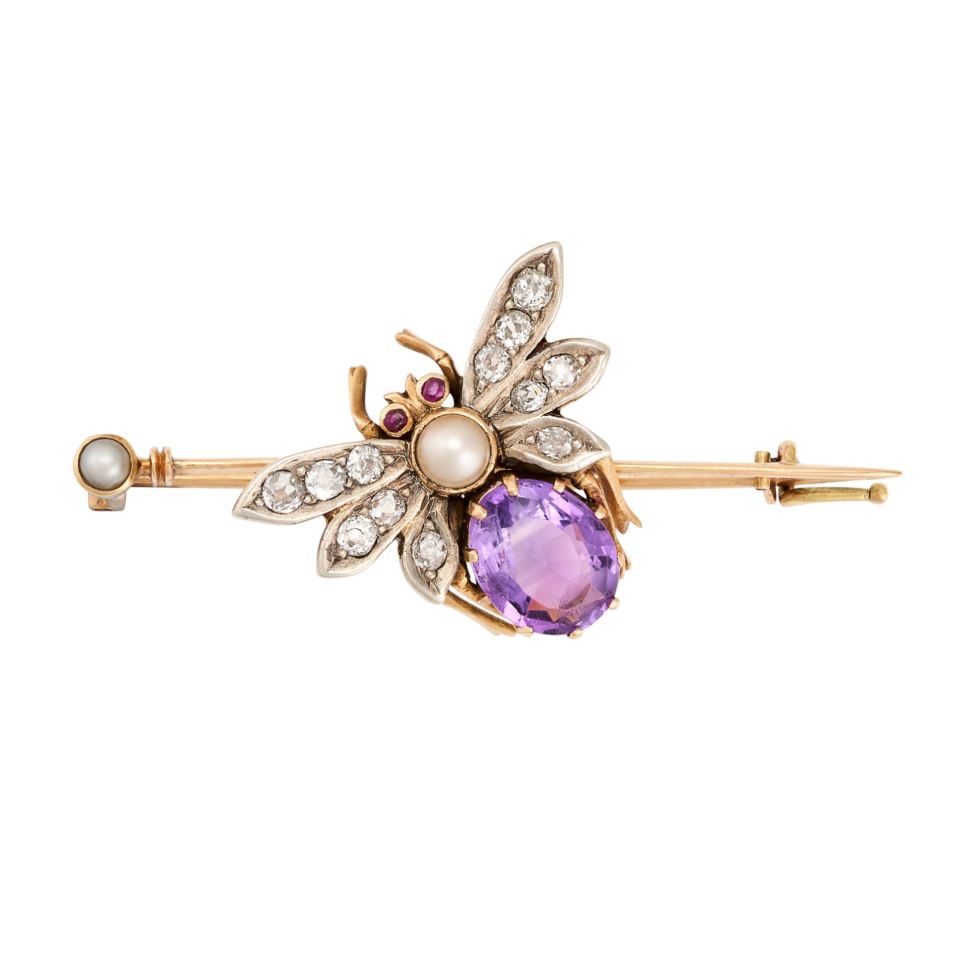 AN ANTIQUE AMETHYST, PEARL, DIAMOND AND RUBY FLY BROOCH in yellow gold and silver, designed as an