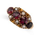 AN ANTIQUE VICTORIAN GARNET AND PEARL DRESS RING, 1900 in 9ct yellow gold, set with four round cut