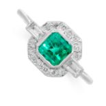 A COLOMBIAN EMERALD AND DIAMOND RING in 18ct white gold, set with an emerald cut emerald of 0.80