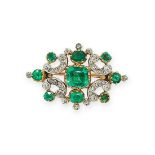 AN ANTIQUE EMERALD AND DIAMOND BROOCH, 19TH CENTURY in yellow gold and silver, set with a central