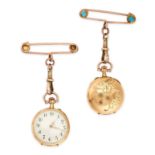 AN ART NOUVEAU TURQUOISE POCKET WATCH BROOCH in 18ct yellow gold, the circular white dial with