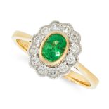 A GREEN GARNET AND DIAMOND DRESS RING in 18ct yellow gold, set with an oval cut green garnet