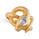 A DIAMOND SNAKE RING in 18ct yellow gold, designed as a snake coiled around on itself, set to the