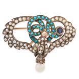 AN ANTIQUE TURQUOISE, PEARL AND SAPPHIRE BROOCH in scrolling design, depicting the body of a snake