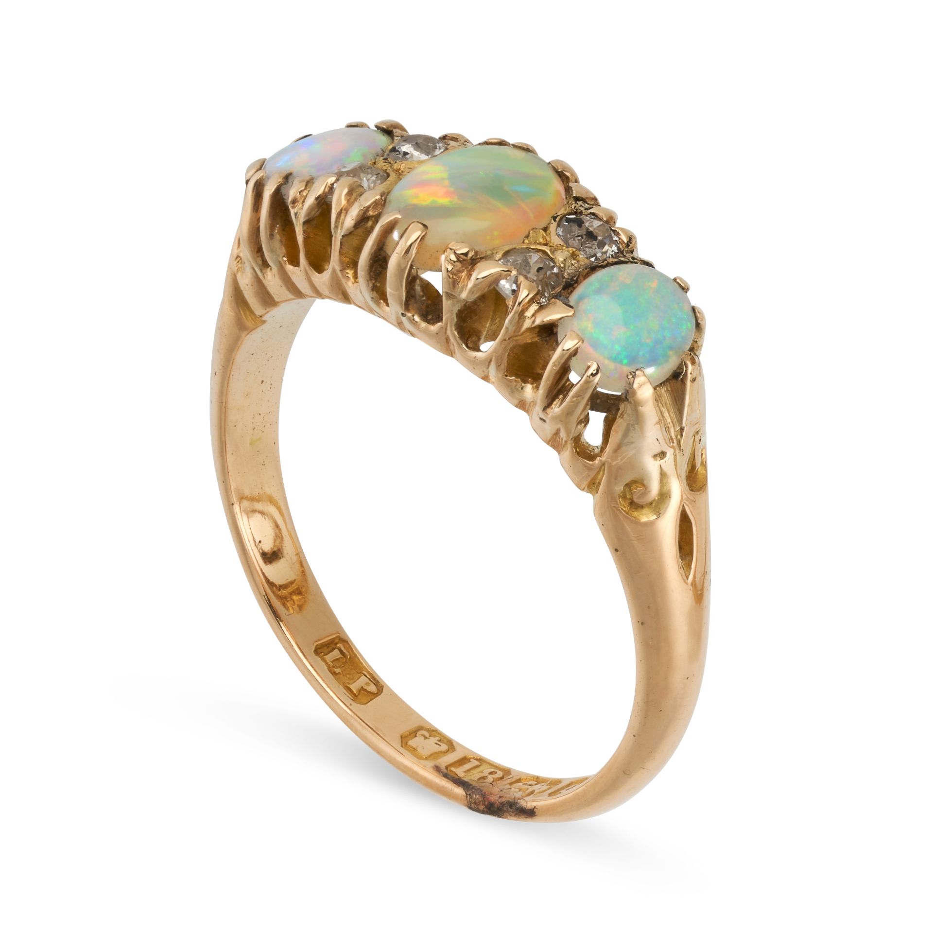 AN ANTIQUE OPAL AND DIAMOND DRESS RING, 1901 in 18ct yellow gold, set with a trio of graduated - Bild 2 aus 2