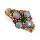 AN ANTIQUE OPAL, EMERALD AND GARNET DRESS RING, 19TH CENTURY in yellow gold, set with four round and