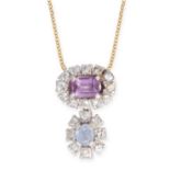 AN AMETHYST AND SAPPHIRE PENDANT AND CHAIN comprising an emerald cut amethyst in a cluster of