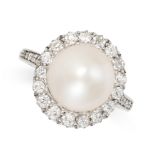 A PEARL AND DIAMOND DRESS RING set with a pearl of 10.6mm, within a border of old cut diamonds, with