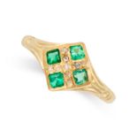 AN ANTIQUE EMERALD AND DIAMOND DRESS RING in yellow gold, set with four emerald cut emeralds