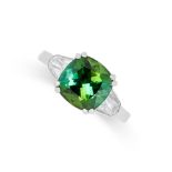 A GREEN TOURMALINE AND DIAMOND RING in platinum, set with a cushion cut green tourmaline of 3.05