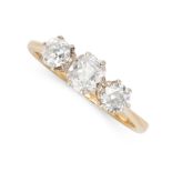 A DIAMOND THREE STONE DRESS RING in 18ct yellow gold, set with a trio of graduated old cut diamonds,