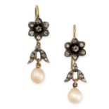 A PAIR OF PEARL AND DIAMOND DROP EARRINGS in yellow gold and silver, each set with a pearl of 5.