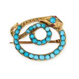 AN ANTIQUE TURQUOISE AND RUBY SNAKE BROOCH designed as a snake coiled around itself, jewelled with