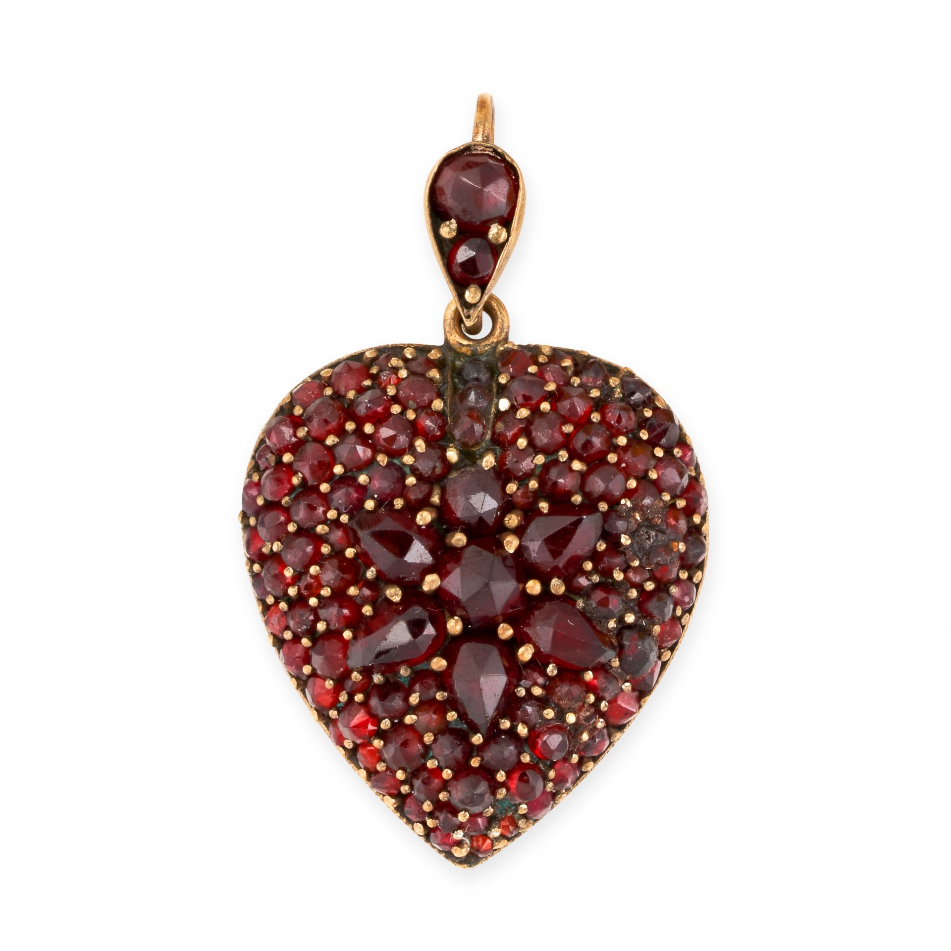 AN ANTIQUE GARNET MOURNING LOCKET PENDANT in the shape of a heart, set to the front with round and