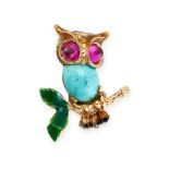 A VINTAGE TURQUOISE, ENAMEL AND GEMSET OWL BROOCH in 14ct yellow gold, designed as an owl perched