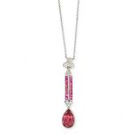 A PINK TOURMALINE, RUBY AND DIAMOND PENDANT NECKLACE mounted in white gold and platinum, set with