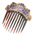 AN ANTIQUE TORTOISESHELL AND ENAMEL HAIR COMB in silver, the mount decorated with blue enamel