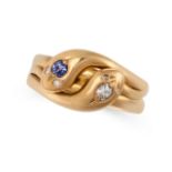 AN ANTIQUE SAPPHIRE AND DIAMOND SNAKE RING in 18ct yellow gold, designed as two interlocking snakes,