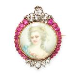 AN ANTIQUE RUBY AND DIAMOND PORTRAIT MINIATURE BROOCH, LATE 19TH CENTURY in yellow gold and