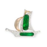 A VINTAGE JADEITE JADE AND DIAMOND SAILING BOAT BROOCH in 18ct gold, in the form of a yacht, in