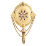 AN ANTIQUE DIAMOND, PEARL AND ENAMEL MOURNING LOCKET BROOCH, 19TH CENTURY in 18ct yellow gold, the