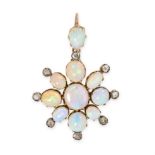 AN ANTIQUE OPAL AND DIAMOND PENDANT in yellow gold, set with a cluster of oval cabochon opals