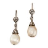 A PAIR OF NATURAL PEARL AND DIAMOND EARRINGS each set with a pearl of 10.8mm and 10.5mm, both