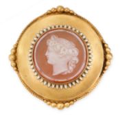 AN ANTIQUE HARDSTONE CAMEO AND ENAMEL MOURNING LOCKET BROOCH / PENDANT, 19TH CENTURY in yellow gold,