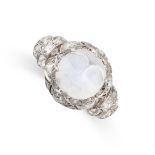 A MOONSTONE AND DIAMOND MAN IN THE MOON RING, EARLY 20TH CENTURY set with a circular moonstone,