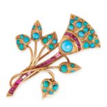 A VINTAGE TURQUOISE AND RUBY BROOCH in 14ct yellow gold, designed as an Egyptian lotus flower,