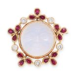 A CARVED MOONSTONE, RUBY AND DIAMOND MAN IN THE MOON BROOCH, TOD JEWELS in 18ct yellow gold, set