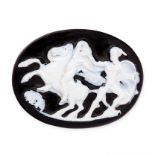 A CARVED HARDSTONE CAMEO unmounted, carved to depict a classical scene, 5.8cm, 38.4g.