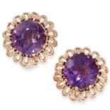 A PAIR OF AMETHYST CLIP EARRINGS in yellow gold, each set with a circular-cut amethyst, within an