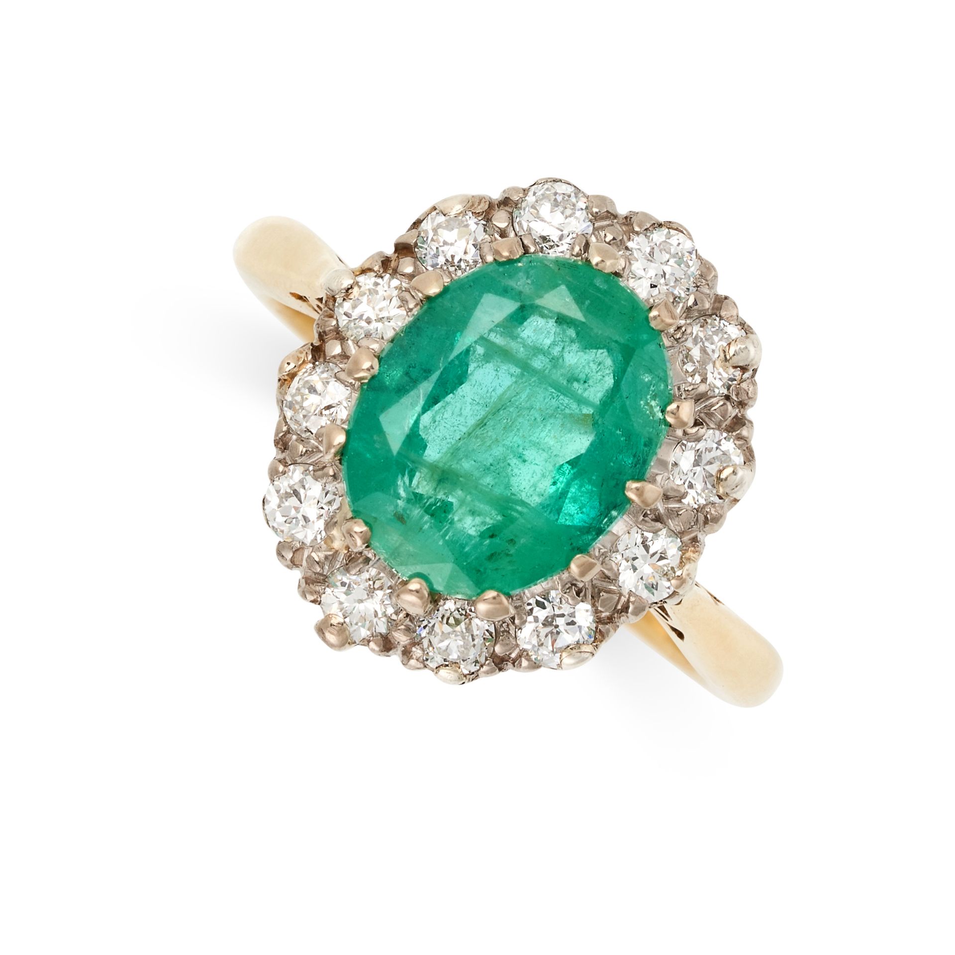 AN EMERALD AND DIAMOND DRESS RING in yellow gold, set with an oval cut emerald of 2.42 carats,